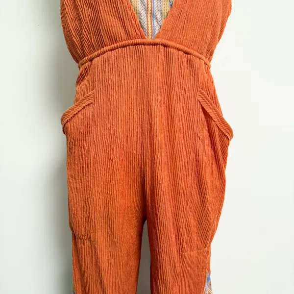 Free People Orange Ribbed Sleeveless Open Back Morning Rise Jumpsuit *FLAWS - Image 3