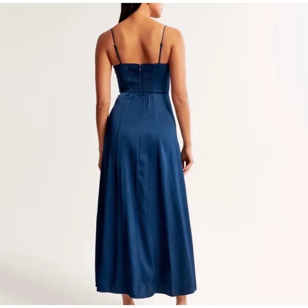 Abercrombie & Fitch Camille Satin Midi Dress Navy Blue High Slit Size Medium - Image 10