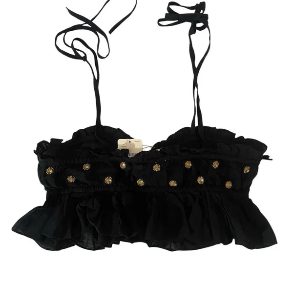 Free People NWT Black Ruffled Embellished Boho Crop Top Sz XS Spring Break - Image 4