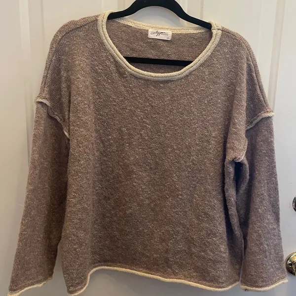 Carly Jean Roll Neck Boxy Linen Cotton Knit Sweater Taupe Marl‎ S/M - Image 2