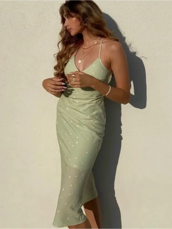 Princess Polly Sage Green Dot Slip Midi Dress - Image 3
