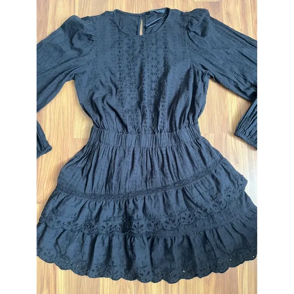Zara Black Eyelet Embroidered Mini Dress Long Sleeve Tiered Lace LBD - Size M - Image 3