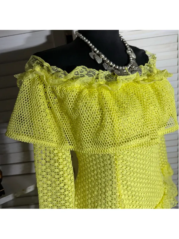 Simplee Apparel Retro rare neon mini dress mesh lace off shoulder cosplay pollypocket dollcore S - Image 5