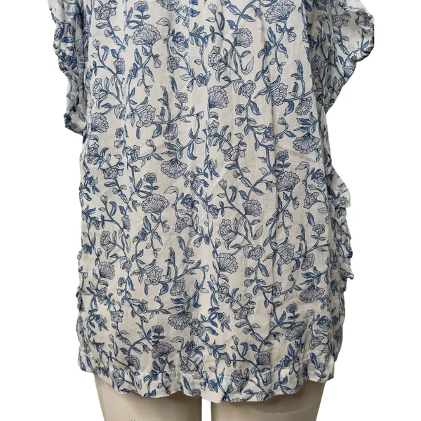 Beachlunchlounge‎ White Blue Floral Ruffle Neck Cotton Sleeveless Blouse Small - Image 4