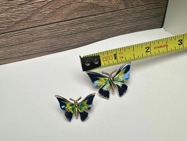 Butterfly Insect Blue Yellow Green Enamel Brooch Pin Gold Tone Set Of 2 - Image 4