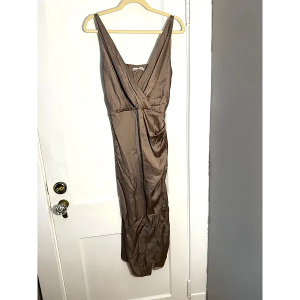 Abercrombie and Fitch Satin Draped Wrap Midi Dress Size Medium Light Brown - Image 2