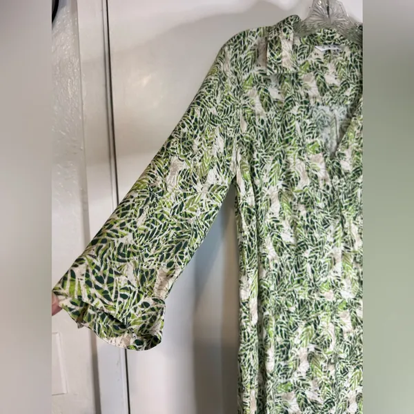 CAbi Faux Wrap Dress Green Tan Hawaiian Tropical Floral Leaf Boho Indie Sz Small - Image 8