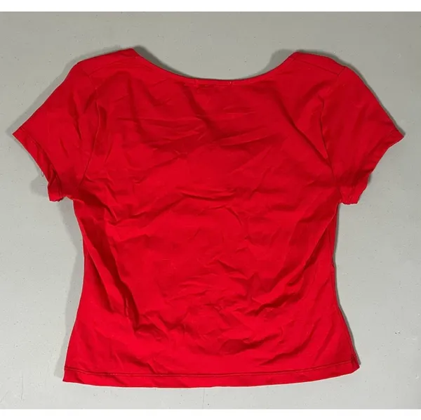 Red Solid Tie-Up Lace-Up Square-Neck Short Sleeve Tee T-Shirt Top Blouse Size M ❤️ - Image 2