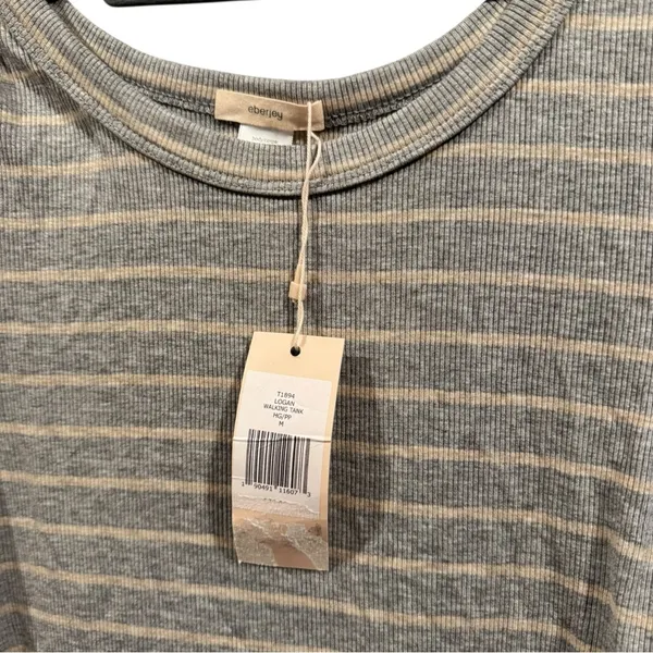 Eberjey‎ Stripe Lounge Logan Walking Ribbed Tank Medium Gray Cream - Image 6