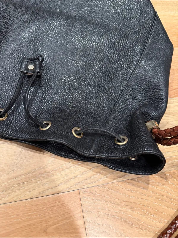 Cole Haan Black Pebbled Leather Shoulder‎ Bag with Braided Brown Handles - Image 8