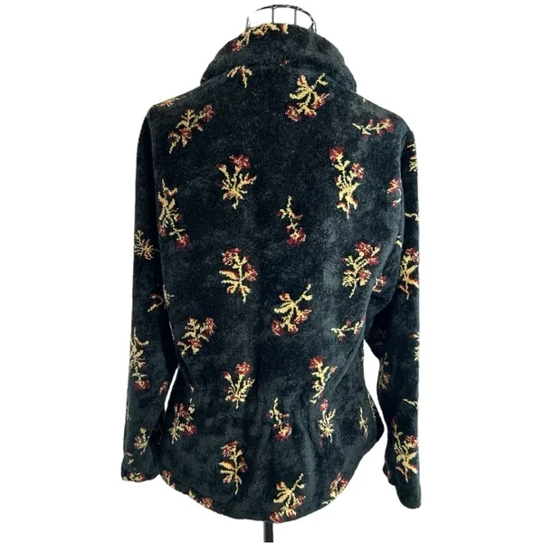 VTG Black Diamond Sherpa Fleece Botanical Floral Print Jacket Black Size Small - Image 6