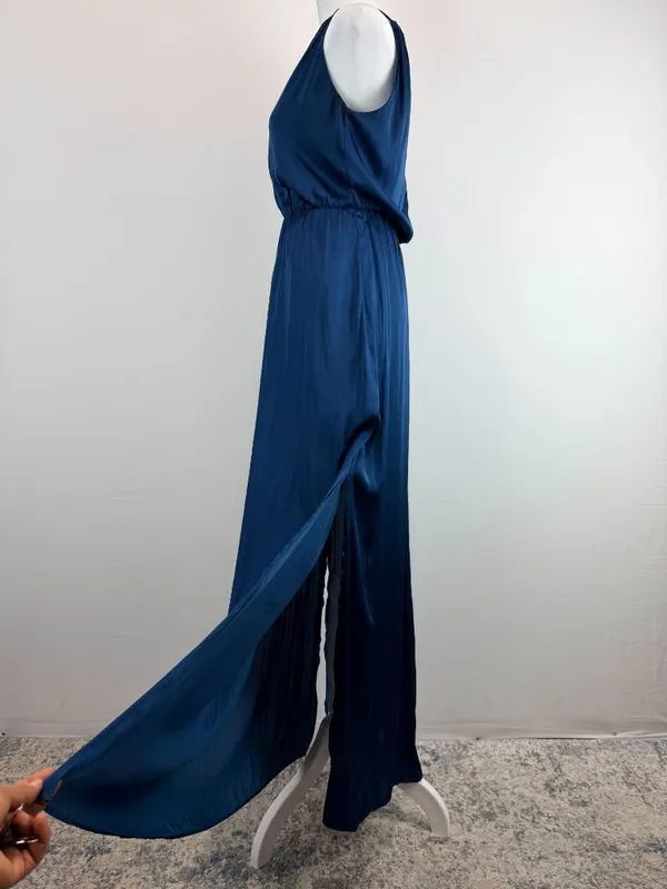 H&M dark teal satin maxi dress minimalist slip with slit and open back vibe 2 - Image 5