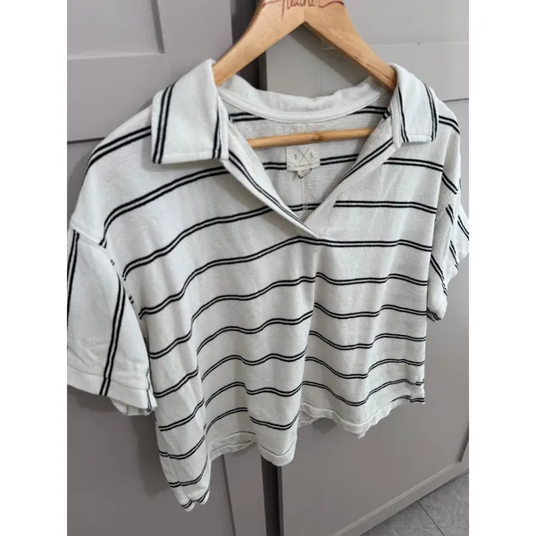 Thread & Supply Striped Polo Top Womens Small White Black V-Neck Short Sleeve - Image 2
