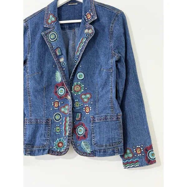 Women’s Aztec Embroidered Denim Jacket Boho Western Floral Pocket Size S - Image 6