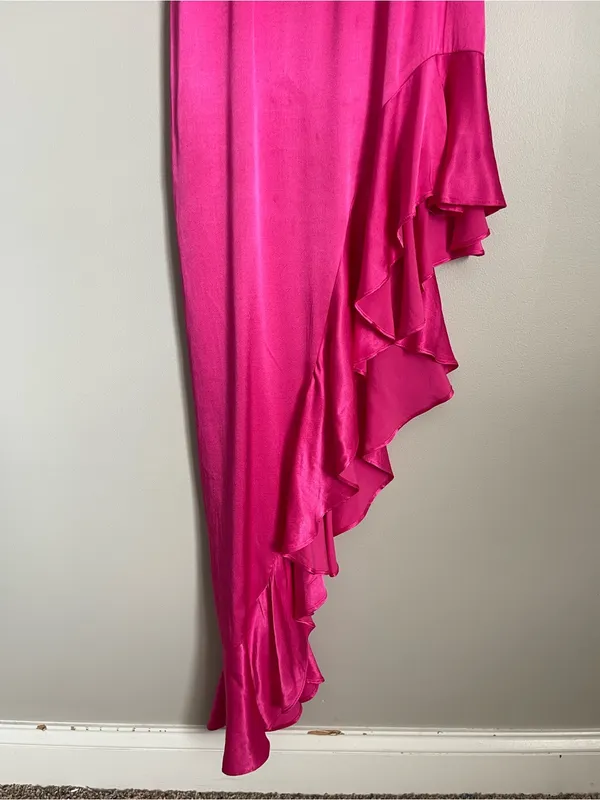 BARDOT Hot Pink Ember Satin Asymmetric Ruffle Midi Slip Dress Sz 4 - Image 4