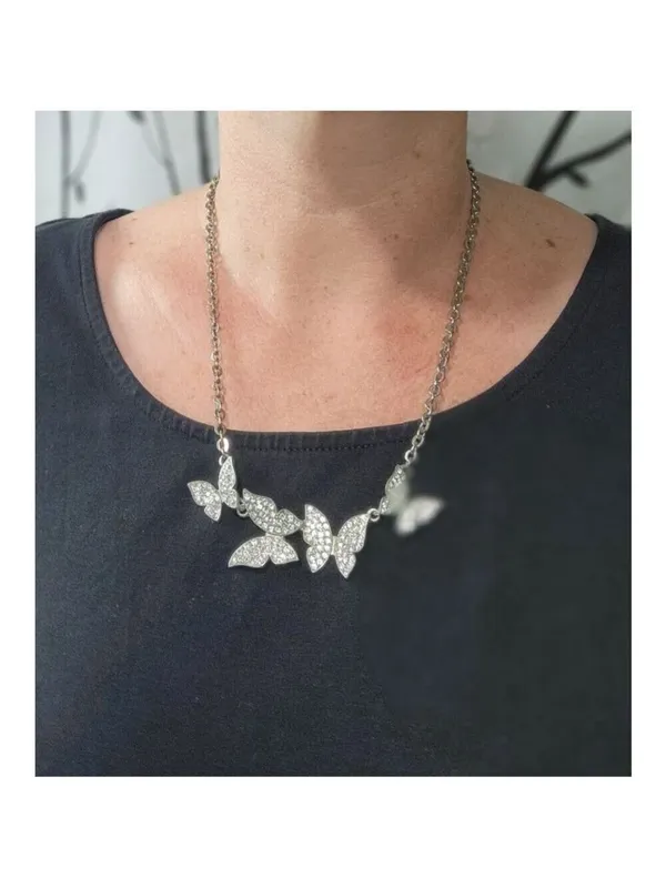 Silver Tone Rhinestone Butterfly Necklace - Image 2
