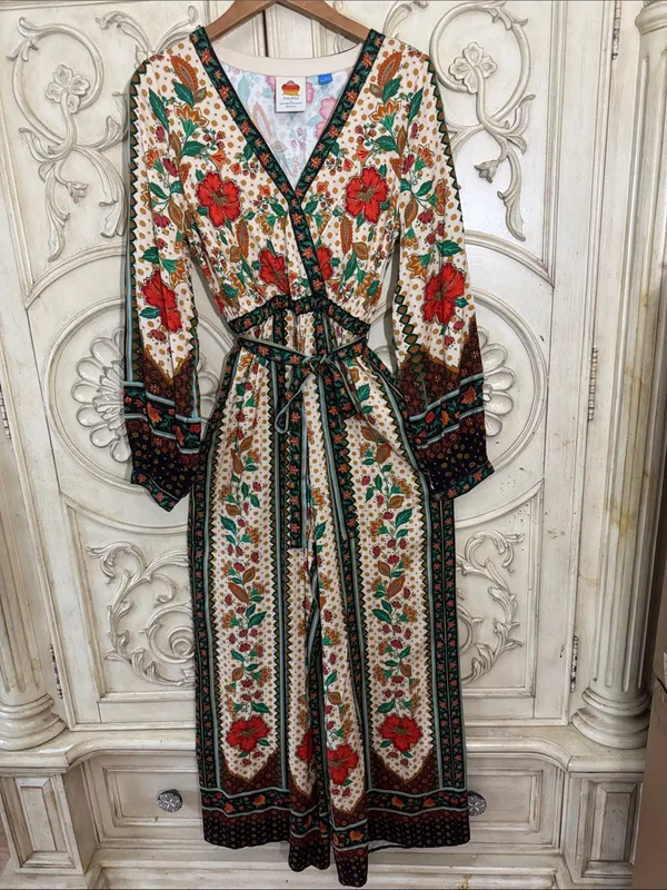 Farm Rio x New Anthropologie Cotton Boho Floral Jumpsuit Long Sleeve S-S - Image 5
