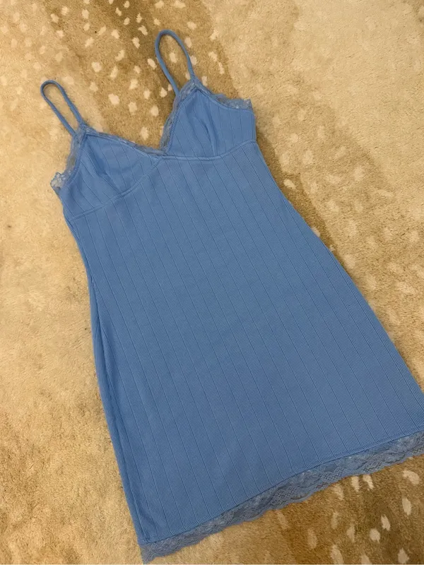 Urban Outfitters Blue Ribbed Lace Trim Cami Mini Slip Dress L Soft Stretch Y2K - Image 4