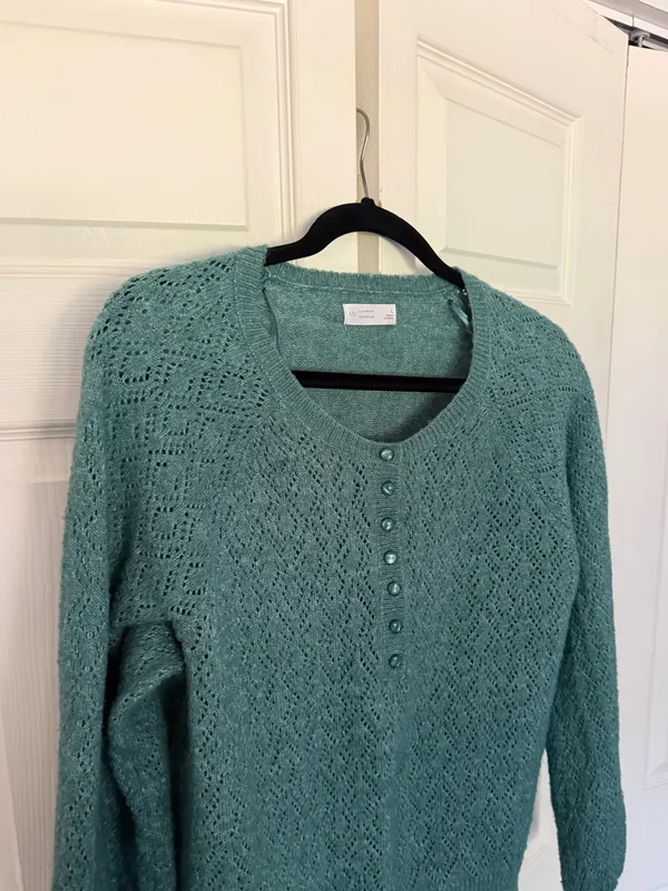 Women's LC Lauren Conrad Pointelle Henley Knitted Sweater Emerald Green Large - Image 4