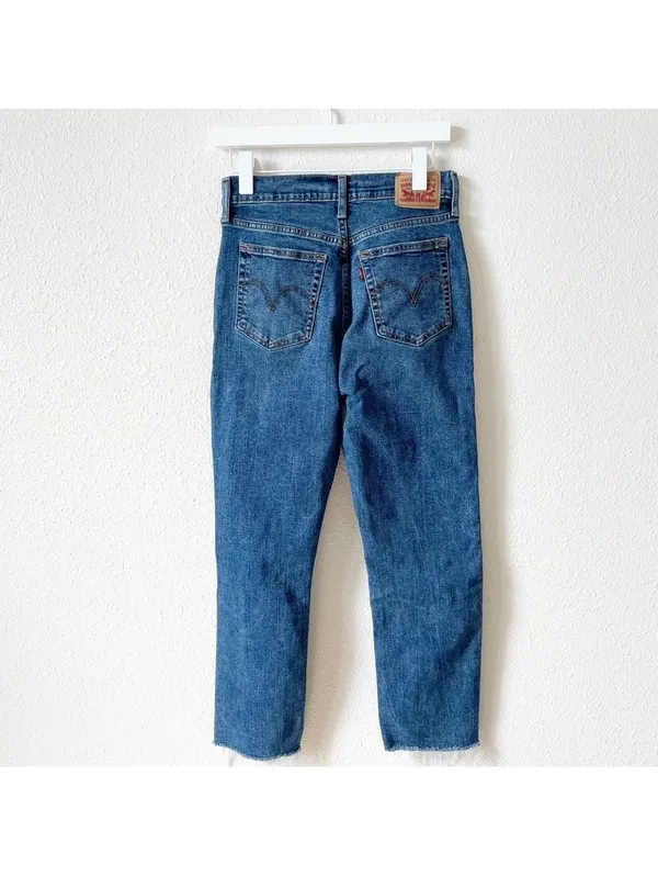 Levi’s Wedgie Straight Jeans 28 x 28 Distressed Dark Wash Denim Cotton Casual - Image 2