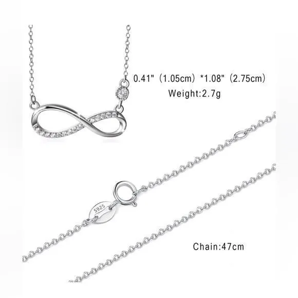 Sterling Silver Plated Infinity Pendant Necklace Cubic Zirconia Cable 18" Chain - Image 4