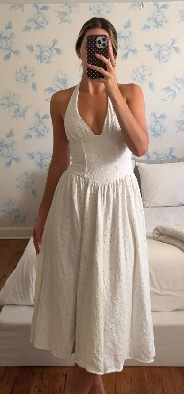 Oh Polly Midi Dress White Farah Broderie Anglaise Halterneck Midaxi Dress in White - Image 2