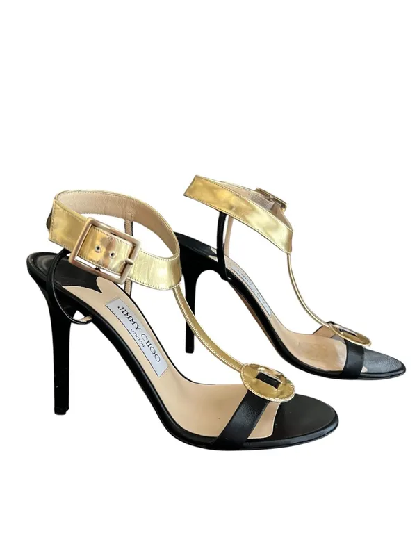 Jimmy Choo Women’s Y2K Vintage Leather Colorblock Pattern T Strap Open Toe Heels - Image 2