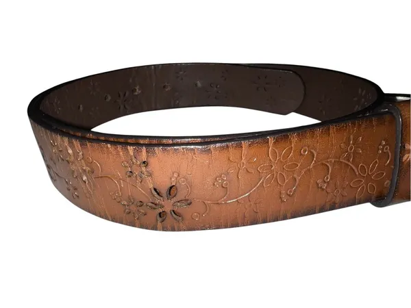 Brow leather belt with dye cut flower design and brass color buckle . - Image 6