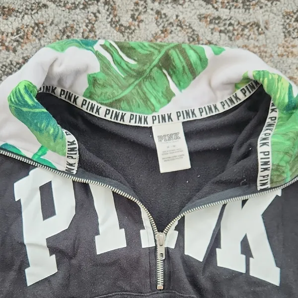PINK Victoria’s Secret Quarter-Zip Sweatshirt Black White Medium - Image 2
