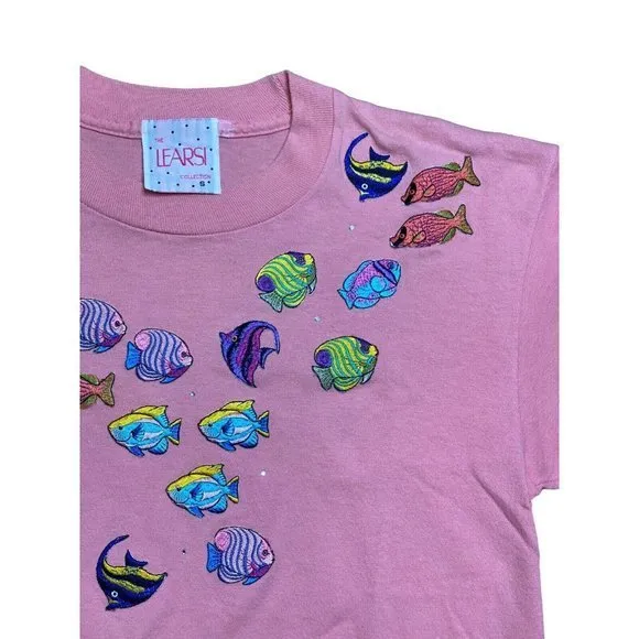 LEARSI Vintage Women's Size Small Single-Stitch Coral Tee w/Embroidered‎ Fish - Image 3