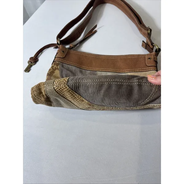 VTG Fossil Suede/Leather Snake Patchwork Shoulder‎ Crossbody HOBO Bag Purse BOHO - Image 8