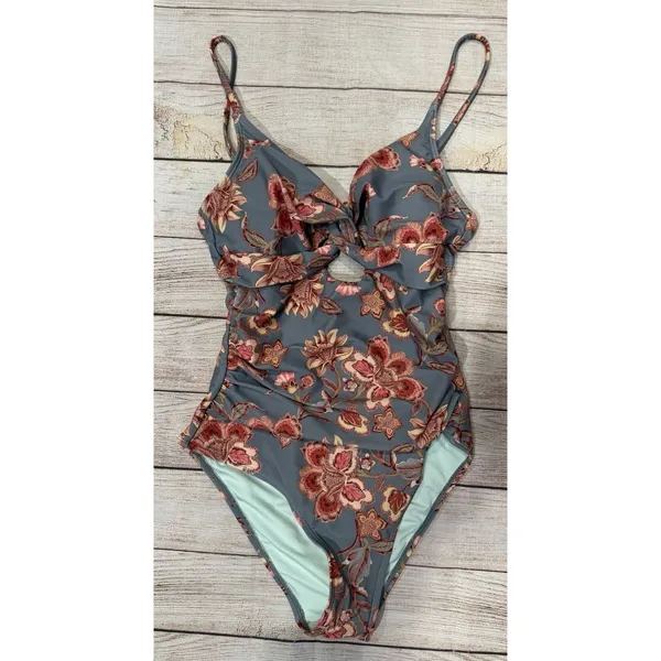 Cupshe Teal Floral One-Piece Swimsuit with Pink Flowers Size Small - Image 2