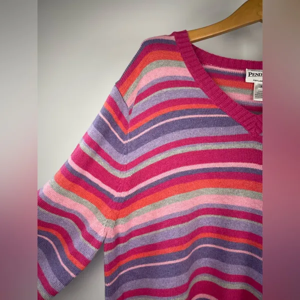 Vintage‎ Pendleton Pink Purple Colorful Stripes 90s Women's V-Neck Knit Sweater - Image 3