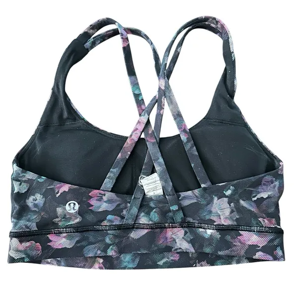 Lululemon Energy Bra Sz 4 Floral Strappy Medium Support Purple Black Women - Image 2