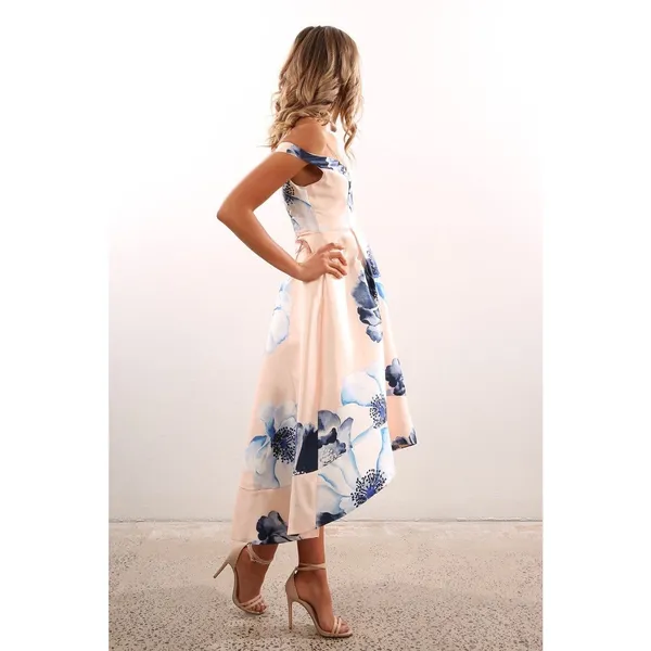 Women's Floral Off Shoulder Satin Midi Dress Size 10 Pink Wedding Guest Cocktail - Image 2