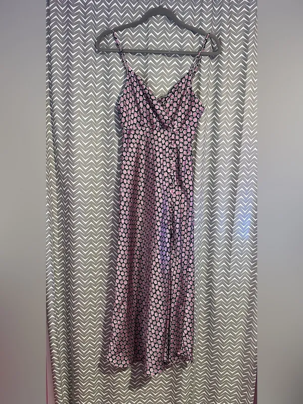 Zara | Pink and Black Daisy Print Satin Maxi Slip Dress, Small - Image 2