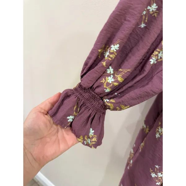 A New Day Plum Floral Smocked Long Sleeve Mini Dress XL Purple Boho Pockets - Image 4