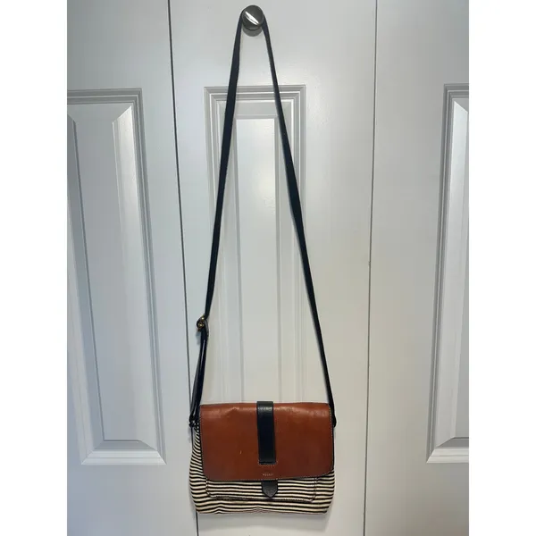 Fossil Kinley Crossbody Bag Womens Small Brown Striped Canvas Leather Flap Purse - Image 2