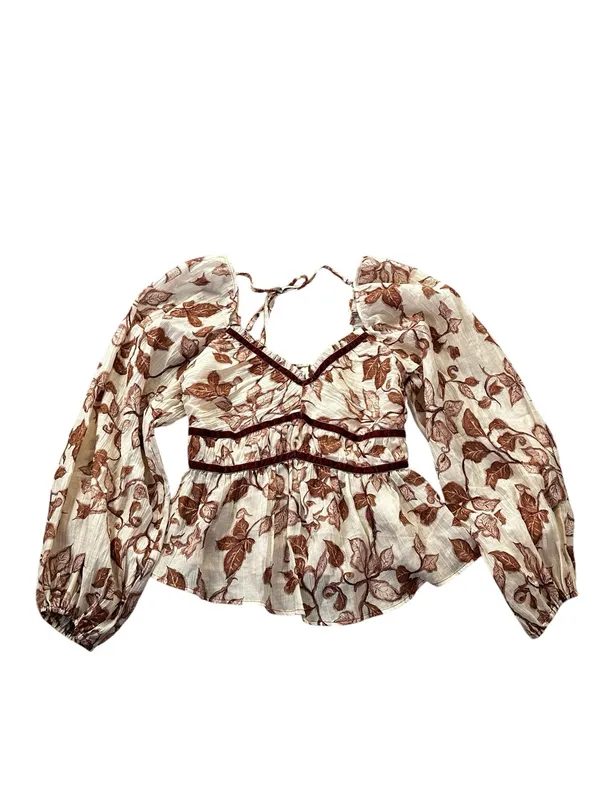 Prómesa Cream Brown Floral Puff Sleeve Babydoll Top Velvet Trim Cottage Renfaire Romance - Image 2