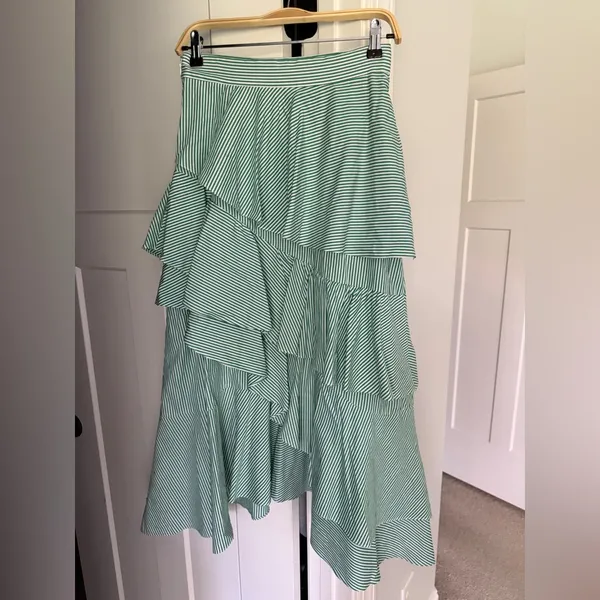 Pearl by Lela Rose Green Ruffle Stripe Asymmetrical Midi Skirt cotton poplin - Image 4