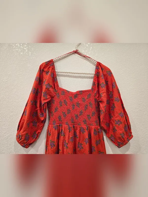 Red Floral Cotton Linen Dress S - Image 6