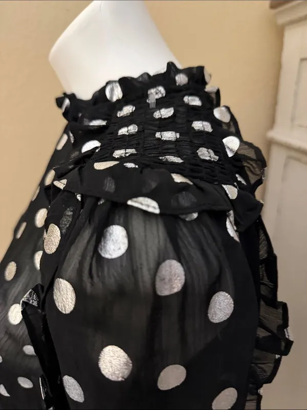 Black Polka Dot Sheer Long-Sleeve Blouse with Ruffled Neckline - Image 4
