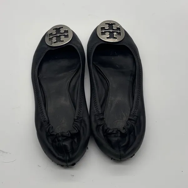 Tory Burch Minnie Travel Ballet Flats Black Leather Silver Logo Medallion - Image 4