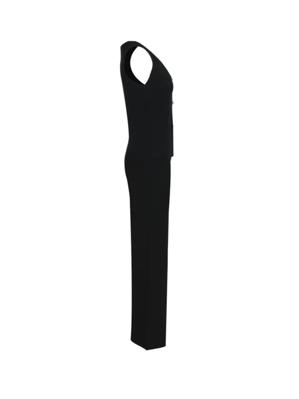 Black 2 Piece Set Sleeveless Button Top Wide Leg Pants Matching Outfit L - Image 3