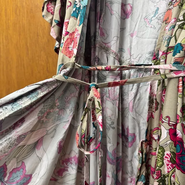 NEW BALIelf Made by Hand Carmen Wrap Short Sleeve Maxi Dress Beige Floral XL - Image 8