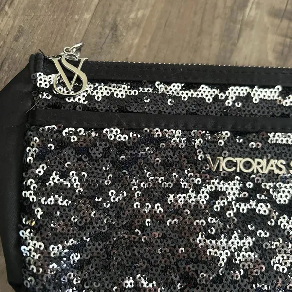 Women's Victoria’s Secret Black Sequin Clutch Bag Silver Zipper & Logo - Image 2