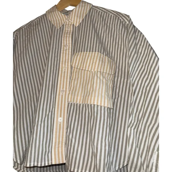 Madewell Flap Pocket Crop‎ Button Up Shirt Poplin Lagoon Women's Small Striped - Image 3