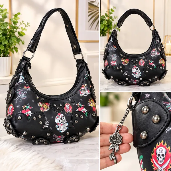 🔥 NWT Ed Hardy Y2K Tattoo Print Studded Hobo Bag Black 🖤 - Image 2