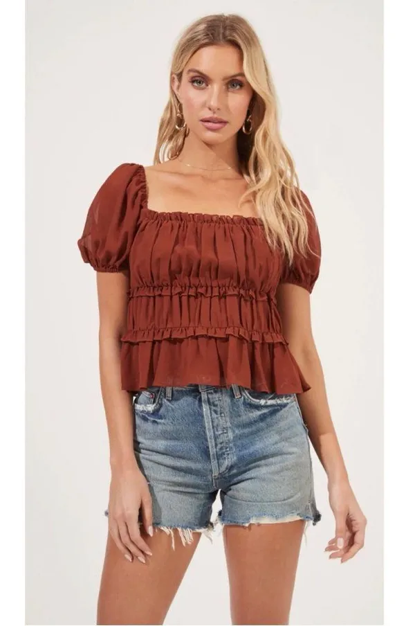ASTR The Label Puff Sleeve Nutmeg Rust Puff Sleeve Blouse Top Size S - Image 2