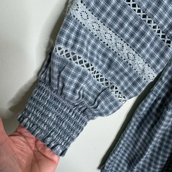 American Eagle Plaid Mini Dress Smocked Long Sleeve Square Neck Gingham Babydoll - Image 11
